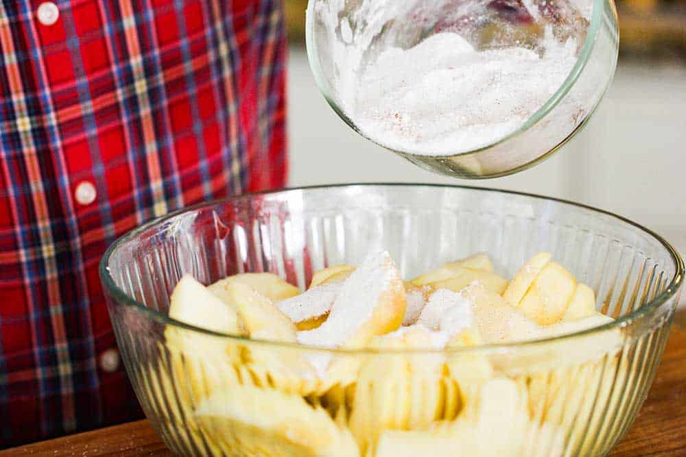 A hand holding a small bowl of spices and sprinkling over another bowl full of sliced apples for homemade apple pie. 
