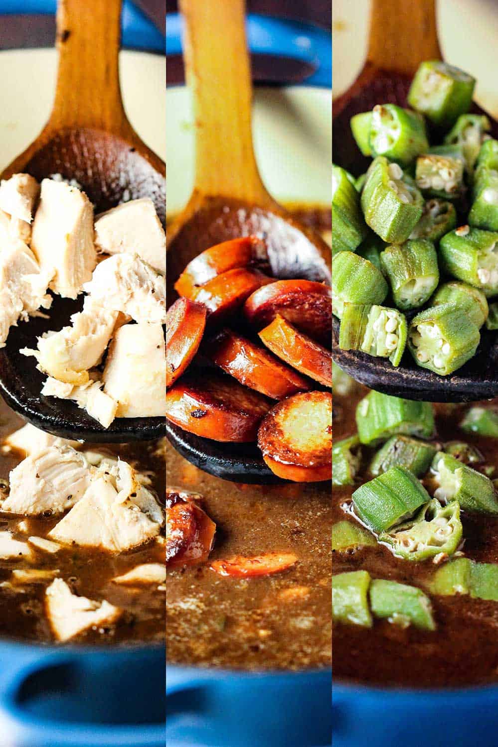 Three side-by-side images of chicken, sausage, and okra being dropped into a pot of gumbo. 