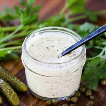 A glass jar of homemade tartar sauce