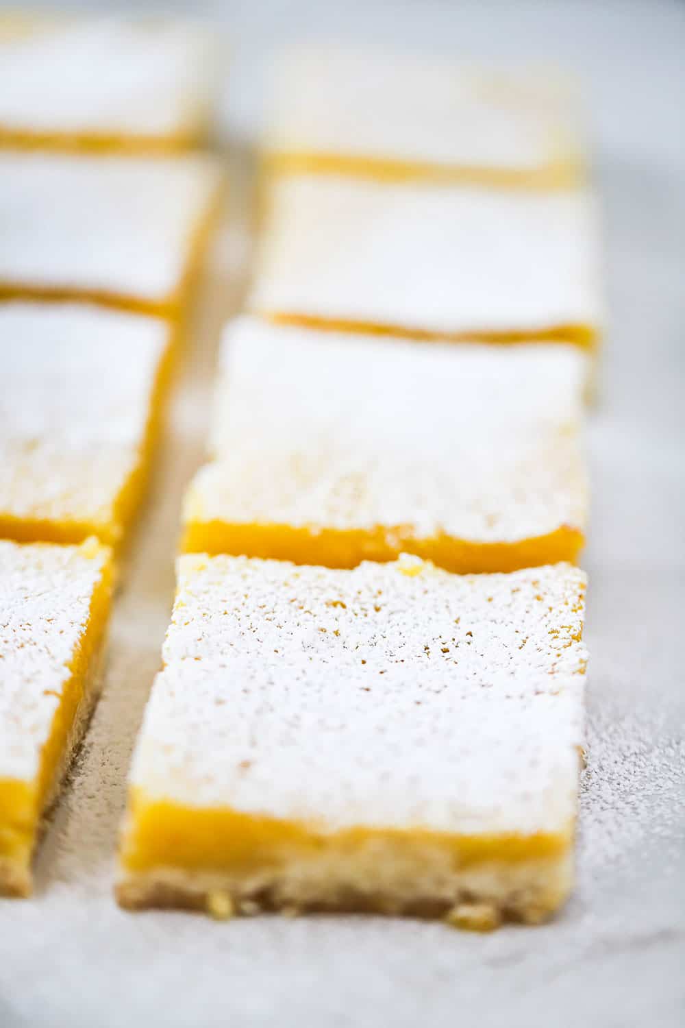 Two rows of lemon bars that have been cut into squares and dusted with powdered sugar. 