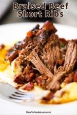 A plate filled with braised beef short ribs that have been pulled apart with a fork all on top of mashed potatoes.