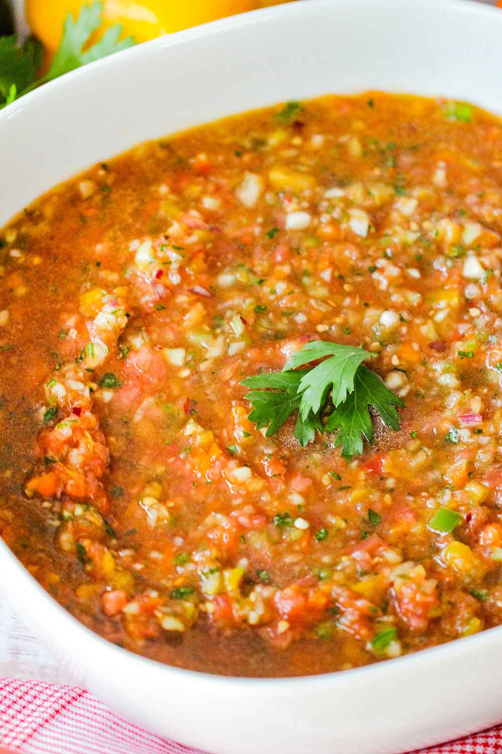 Served the classic gazpacho in a large chilled bowl. 
