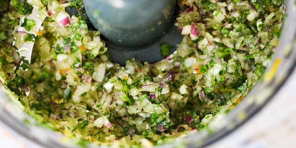 Chop the onion and parsley in the food processor. 