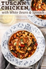 An overhead view of two antique dinner bowls filled with a serving of Tuscan chicken on top of a white bean, spinach, and tomato sauce.