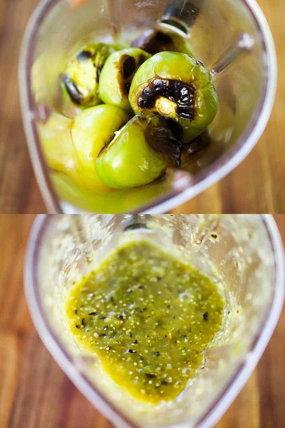 Two stacked images with top being an overhead view of a blender filled with roasted peppers and the 2nd is of those same peppers after they have been puréed. 