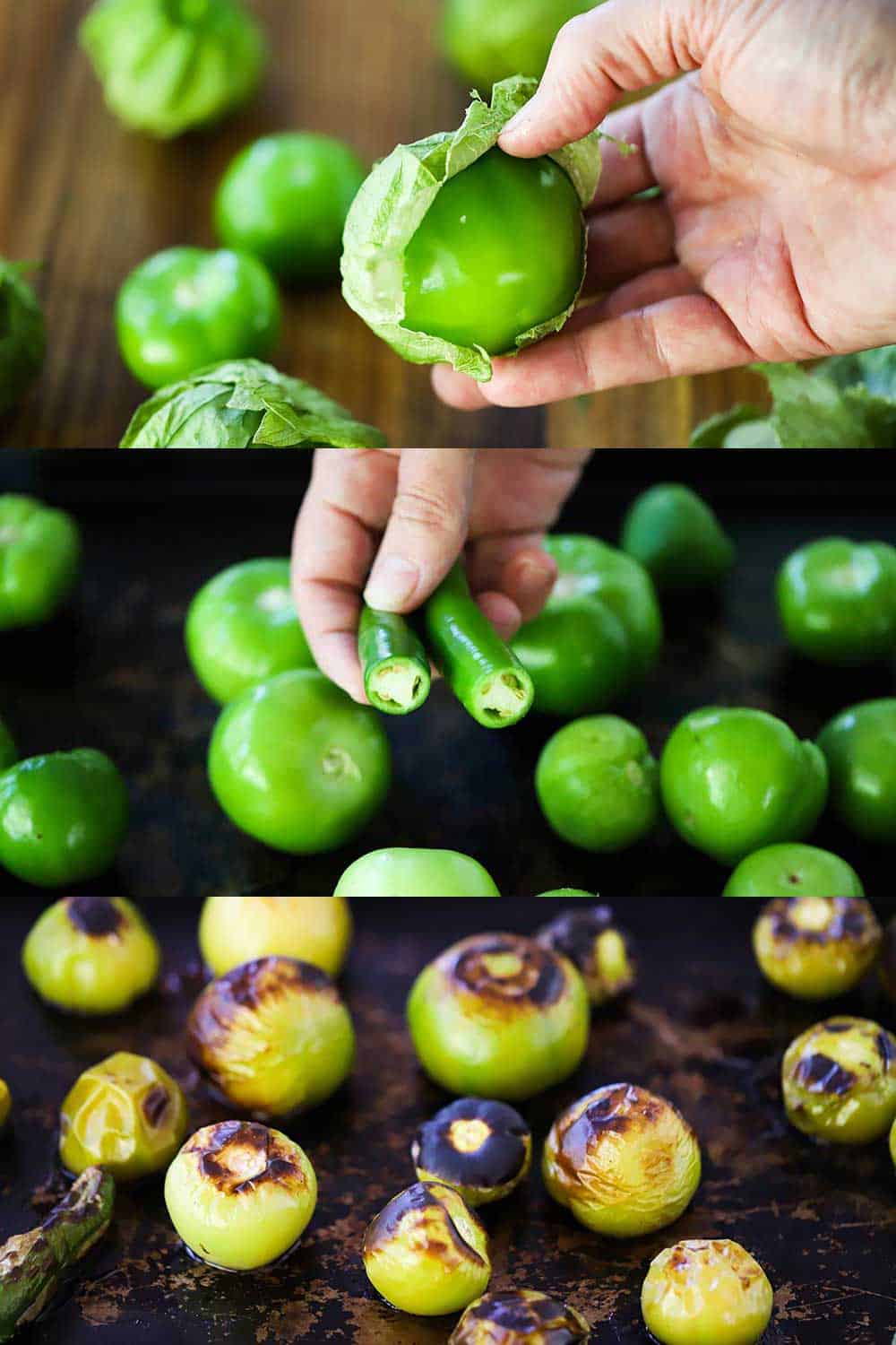 Three stacked images with the 1st being a hand holding a tomatillo and the next is a hand holding to cut serrano peppers, and the 3rd a baking sheet with roasted peppers on it. 