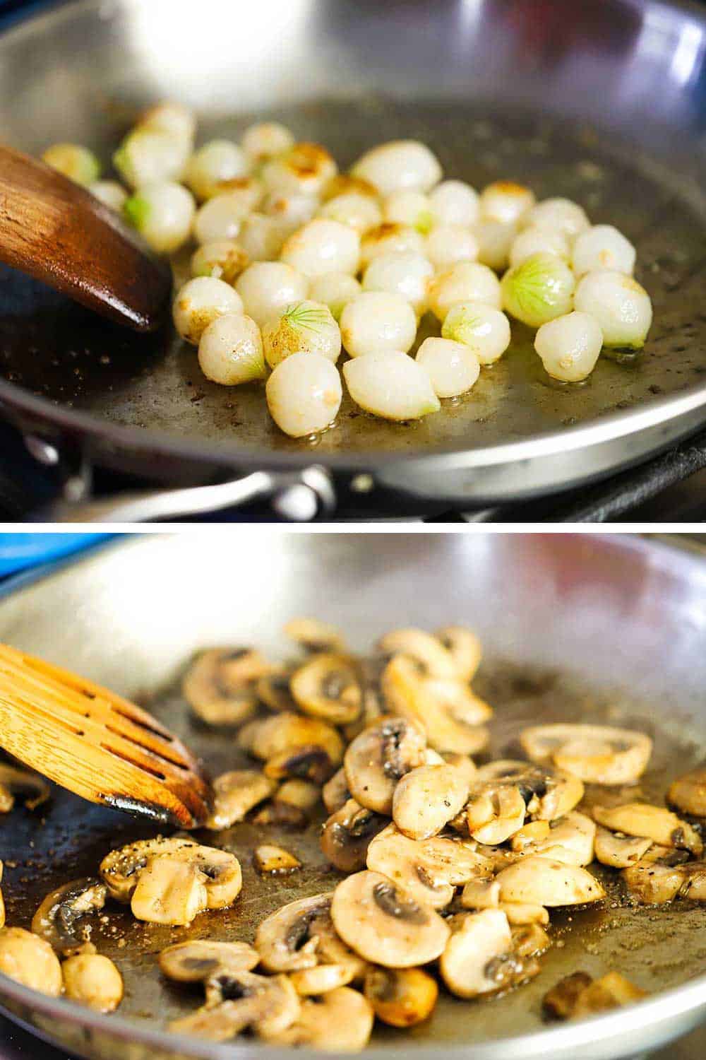 2 stacked images, the top a silver saucepan filled with pearl onions being browned in butter and the bottom the same saucepan with sautéed mushrooms in it. 