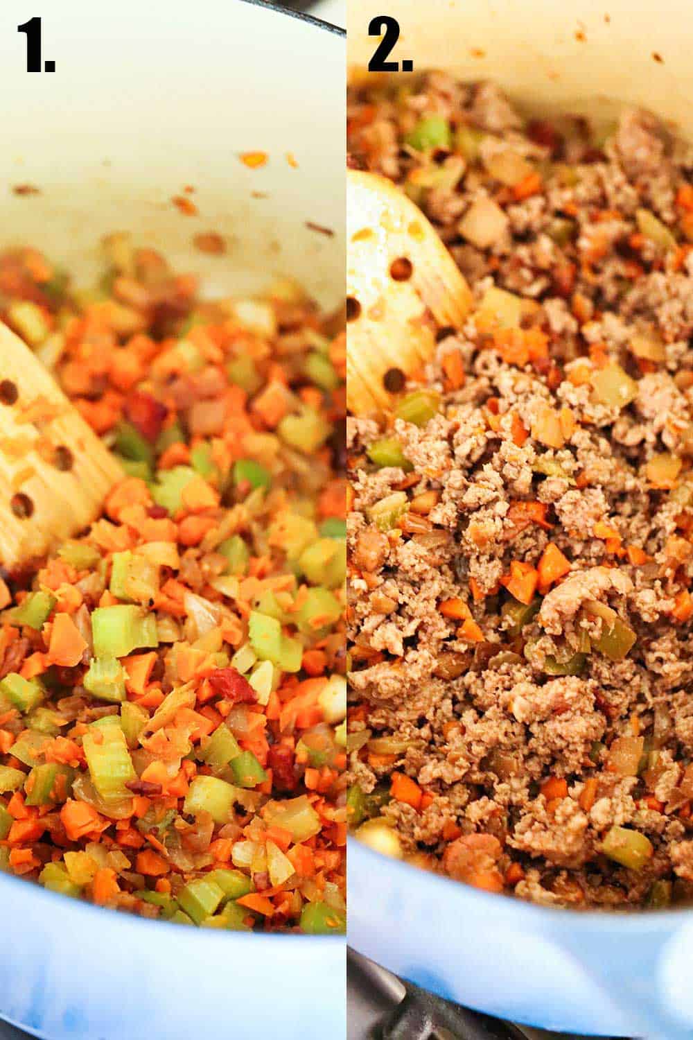 2 side-by-side photos, 1st of a mirapoix being sautéed in a blue Dutch oven, the 2nd is the same mixture with ground meat added in. 