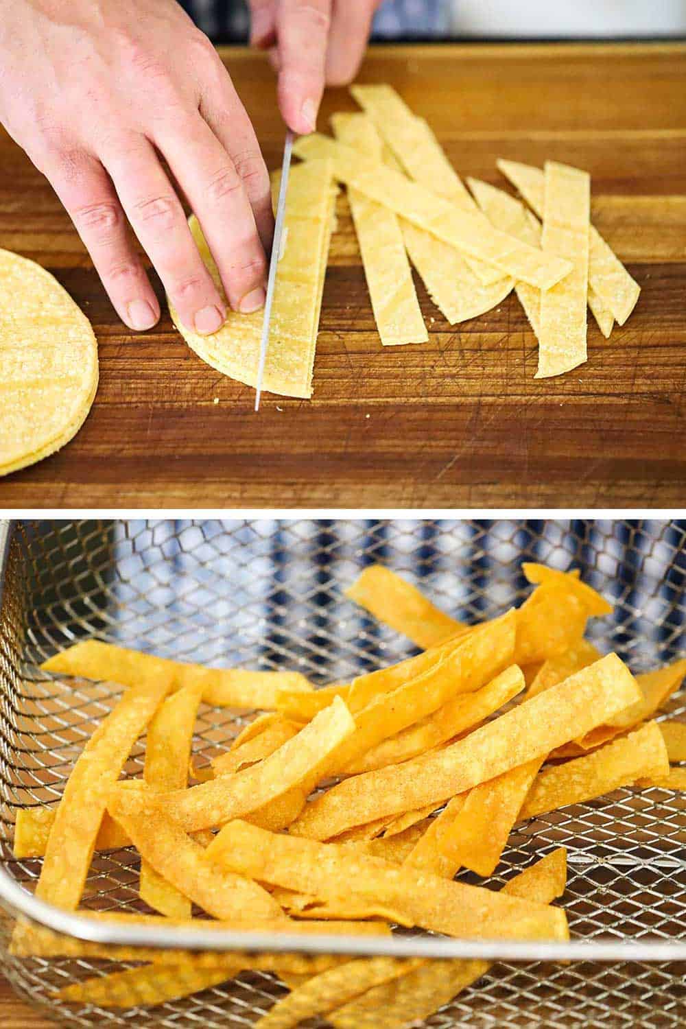 Yellow corn tortillas being cut into strips and then those strips after being fried in a basket.