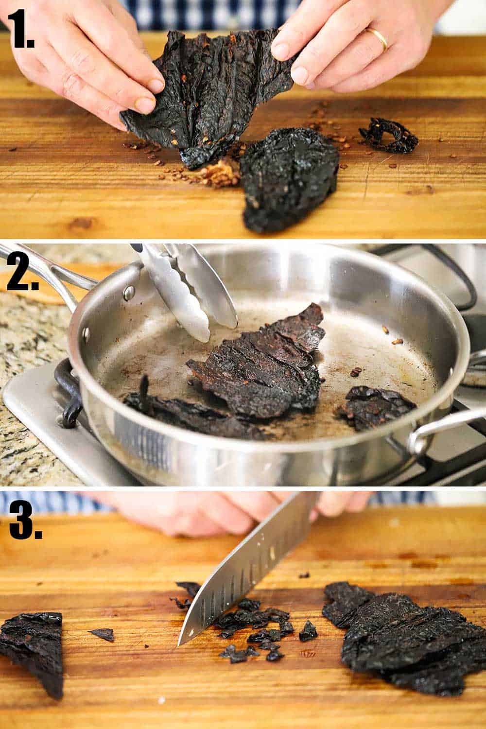 Two hands pulling apart a dried ancho chili and then it being sautéd in a skillet, and then it being chopped.
