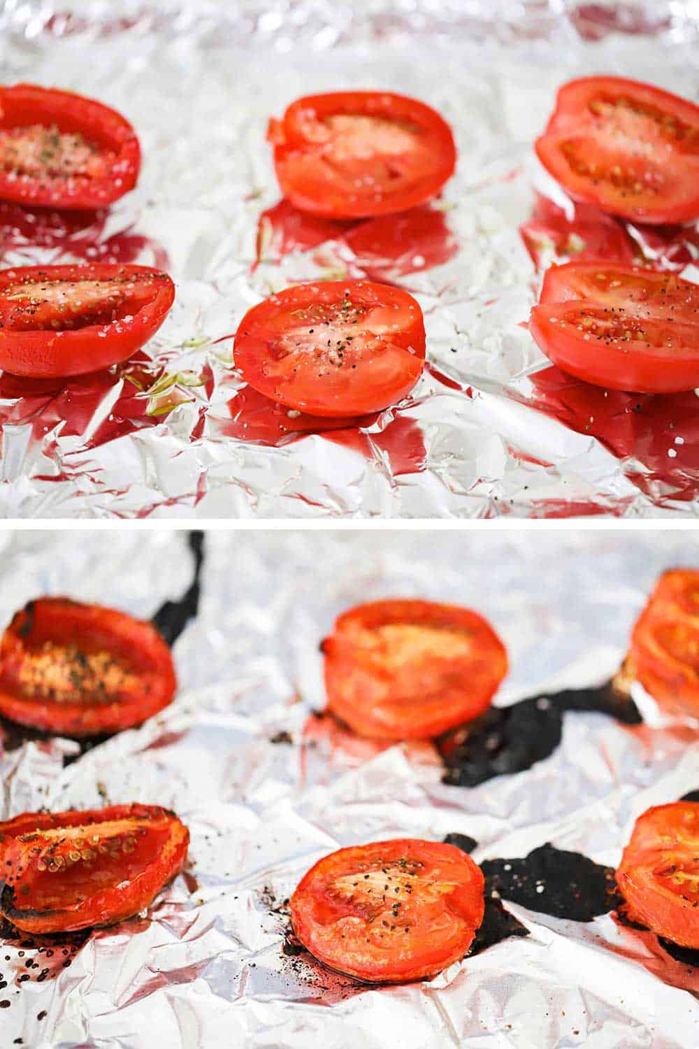 Roma tomatoes slice in half on a baking sheet lined with foil and then the same tomatoes after being roasted.