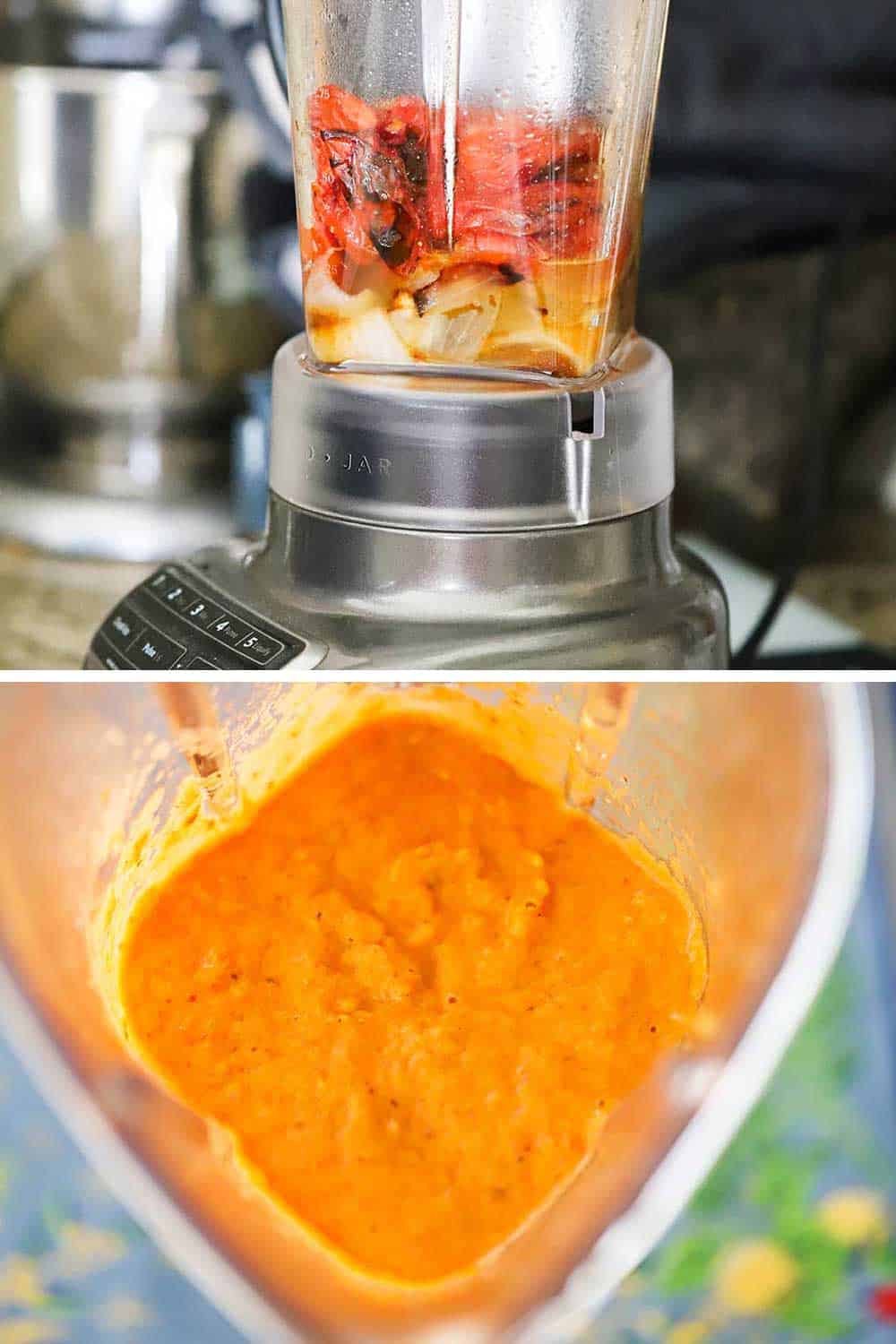 A blender partly filled with roasted tomatoes and onions and then the blender after the contents were pureed.