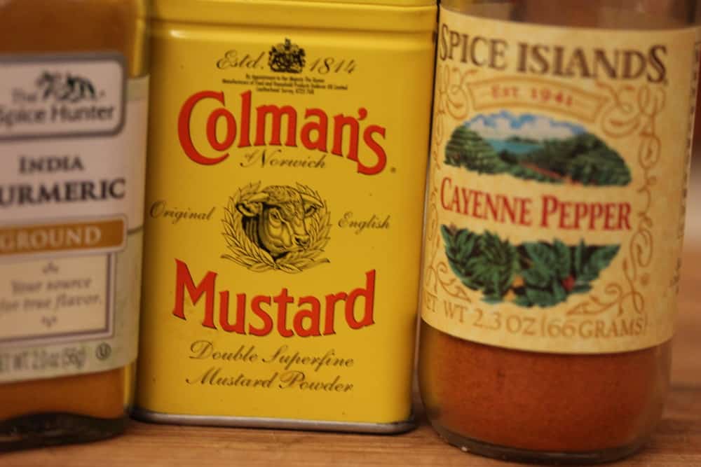Spices: Ground turmeric, dry mustard, cayenne pepper!