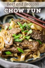 A close-up view of a colorful dinner plate filled with a serving of beef and broccoli chow fun with two wooden chop stick resting on the side of the plate.
