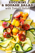 A person spooning a tri-color cherry tomato relish on top of thin slices of softened zucchini and yellow squash in a white dinner bowl.