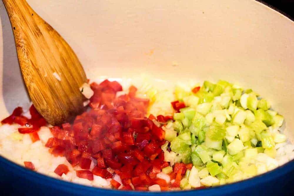 onion, red pepper and celery sautéing for Cioppino 
