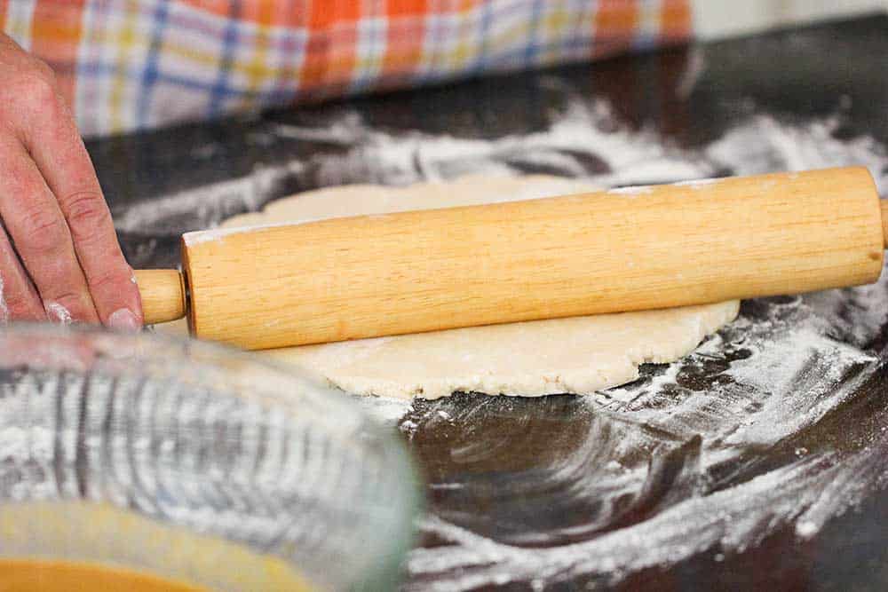 Two hands rolling out pie dough for classic pumpkin pie. 