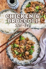 An overhead view of two shallow bowls filled with white rice topped with chicken and broccoli stir-fry both sitting next to a bowl of white rice.