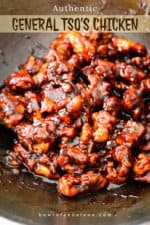 Cooked General Tso's chicken in a wok.