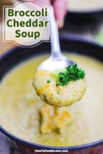 A person raising a spoon filled with broccoli cheddar soup with a broccoli floret sitting on top all over of a bowl of the soup.