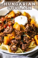 A close-up view of a white bowl filled with Hungarian goulash over egg noodles and topped with a dollop of sour cream.