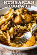 A close-up view of a white bowl that is filled with Hungarian goulash tossed with egg noodles and a portion of it missing.