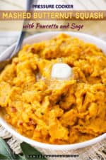 A white bowl holding pressure cooker mashed butternut squash with pancetta and sage.