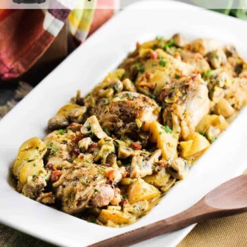 A white dish with Instant Pot Chicken Provencal