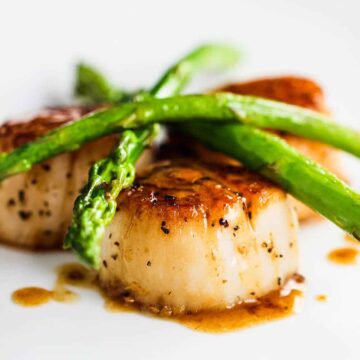 A white dinner plate filled with seared scallops topped with sautéed asparagus topped with a brown sauce.