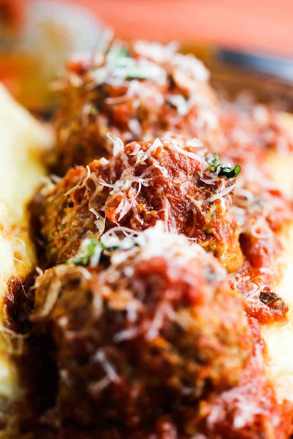 Long view of a freshly made meatball hero