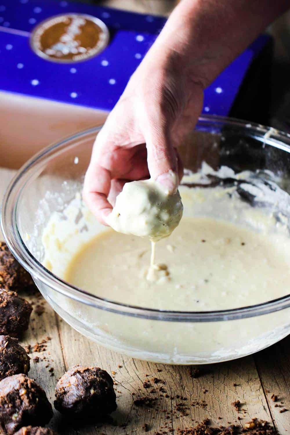 Chocolate brownie fritter dipped in batter. 