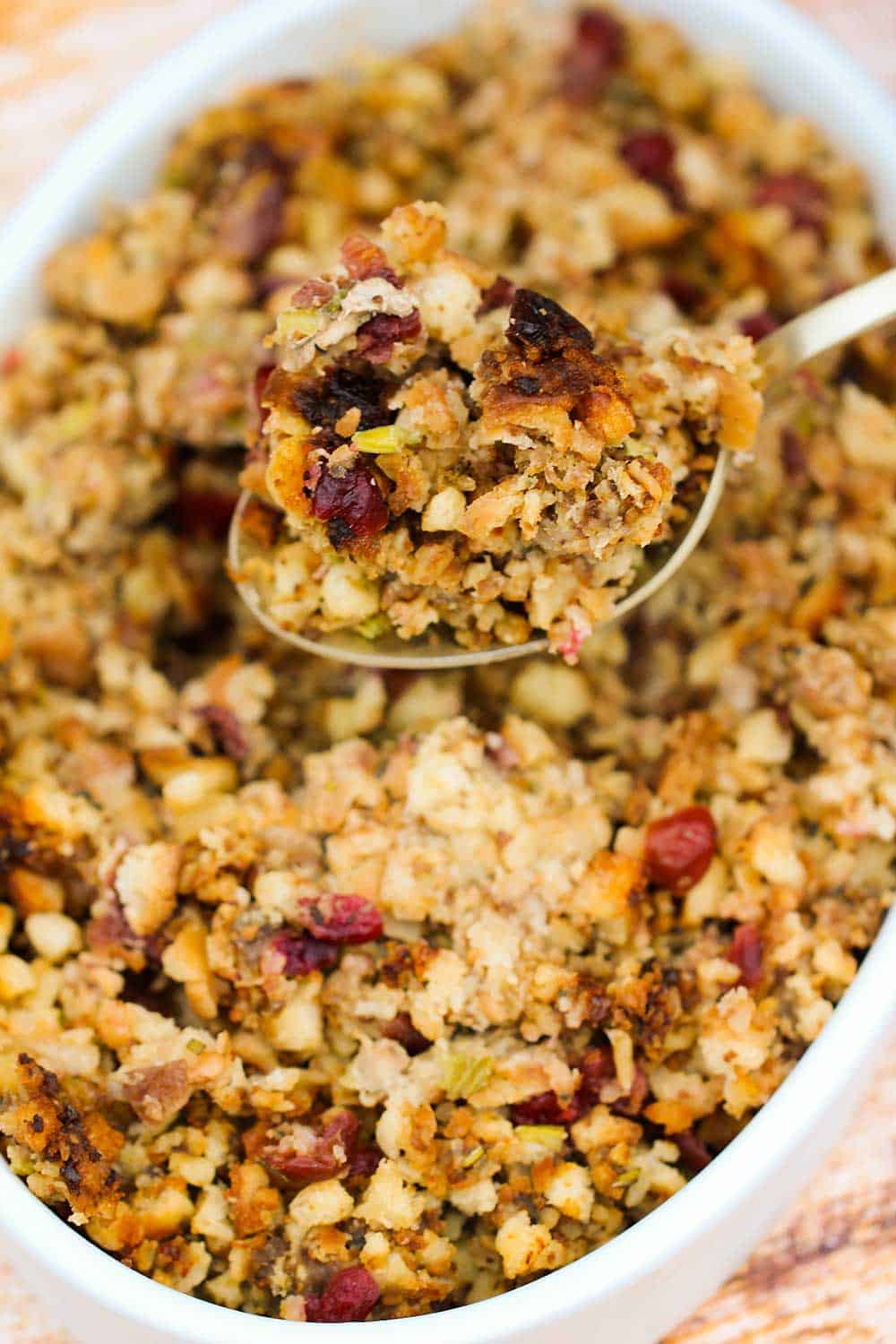 a white dish of bread crumb stuffing