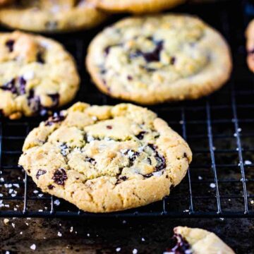 Classic chocolate chunk cookies on a wire rack