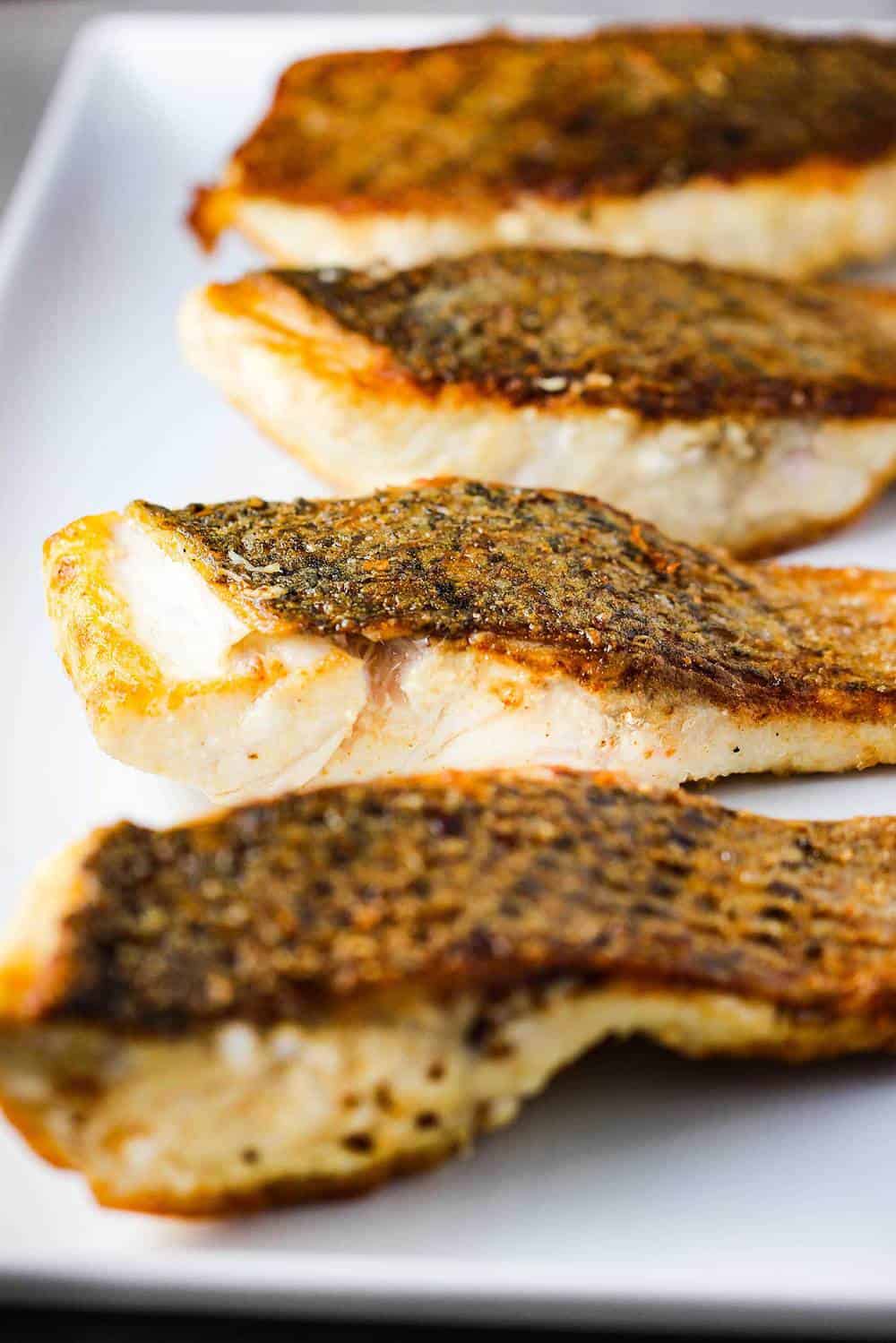 A large white platter holding four sautéed wild striped bass fillets