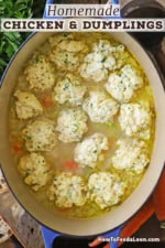 An overhead view of a large oval Dutch oven that is filled with homemade chicken and dumplings soup.