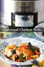 A bowl of Provençal Chicken Stew in front of a stainless steel Crock-Pot.