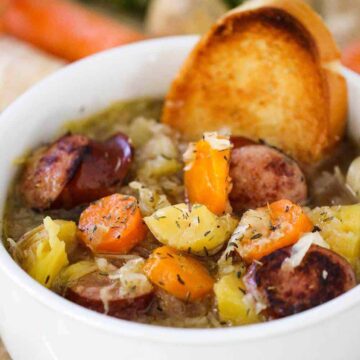 Instant Pot Smoked Sausage Stew in a white bowl