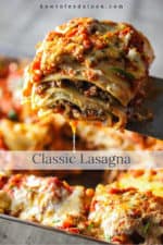 A spatula lifting a piece of classic meat lasagna from a lasagna pan filled with lasagna.