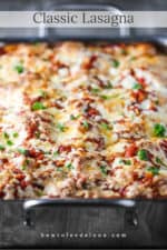 A pan of baked classic meat lasagna