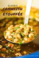 A ladle lifting a helping of crawfish étouffée out of a Dutch oven.