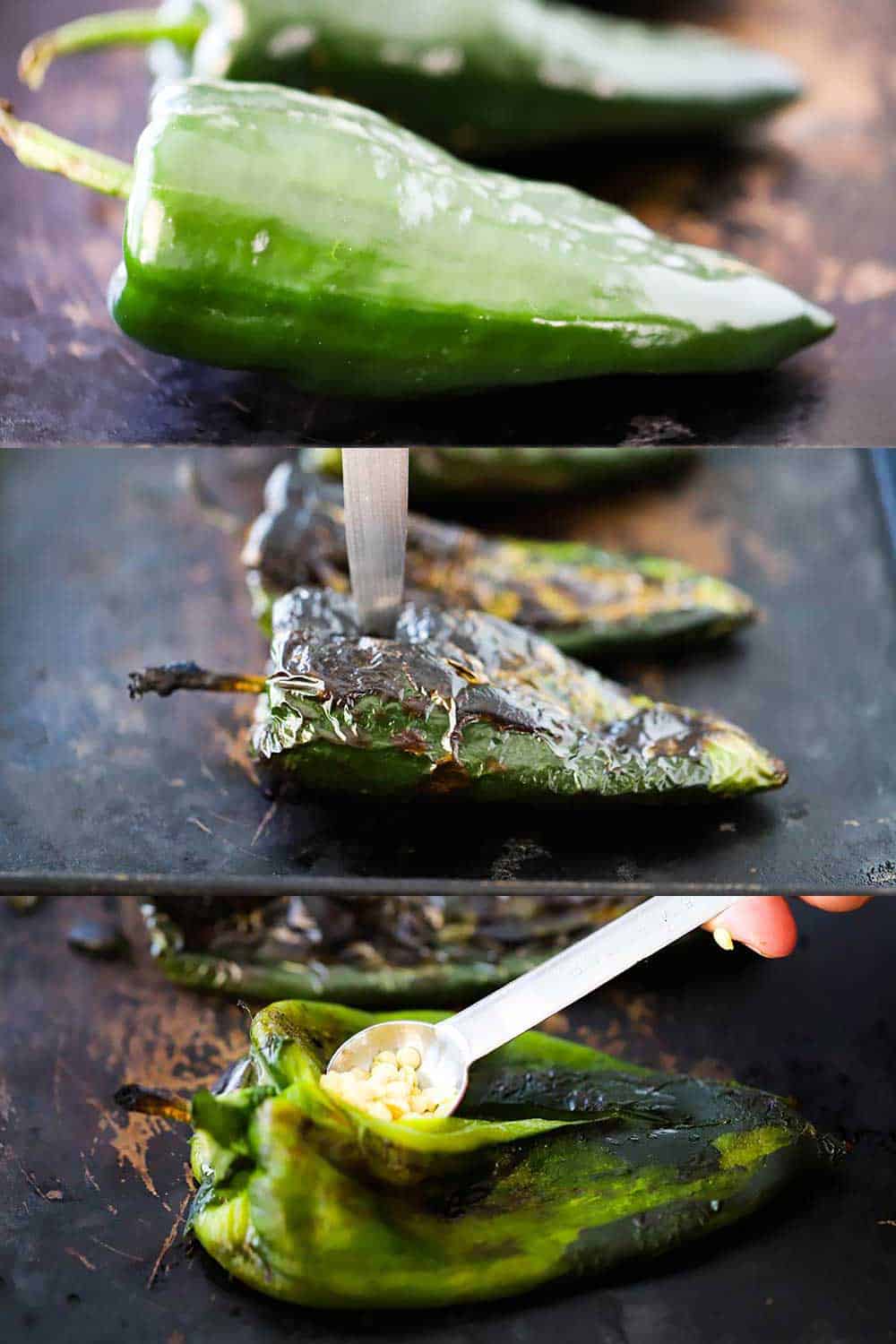 3 stacked images, the top are poblanos peppers on a baking sheet, and the next are roasted poblanos and the bottom image is a hand removing seeds with a spoon.