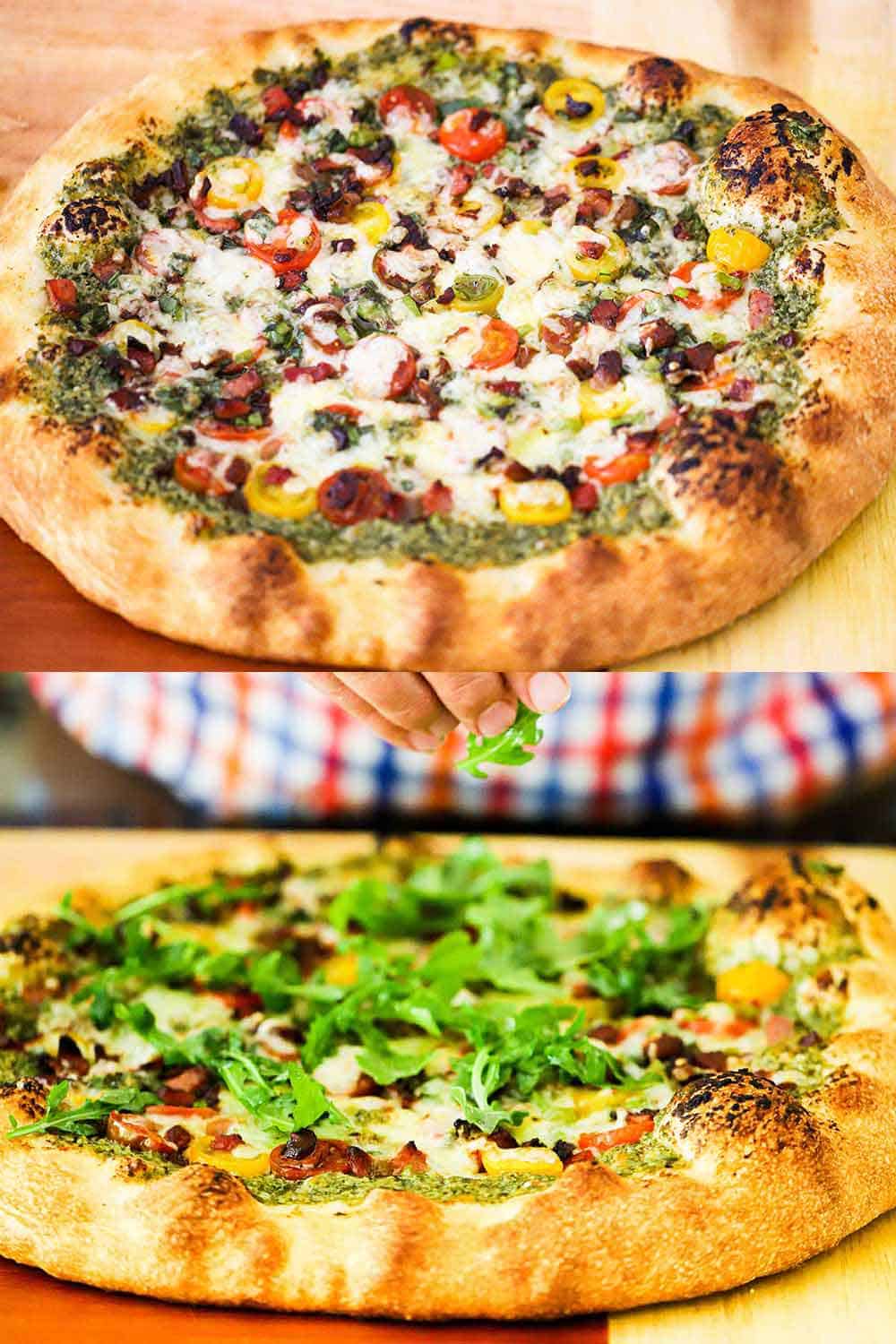 Two stacked images with the top being a freshly baked BLT pizza on a wooden cutting board and the bottom is the same pizza with a hand sprinkling arugula on top.