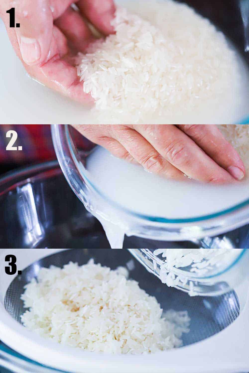 3 stacked photos: Top is a hand swirling Jasmine rice in a bowl of water, middle shot is a hand holding back the rice as the water is poured from the bowl, and the bottom is the rice in a fine-mesh sieve over a bowl filled with the rice water.