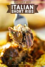 A fork holding up a piece of Italian short ribs over a bowl of the same.