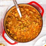 A large circular red Dutch oven filled with Brunswick stew with a large ladle placed in the pot.