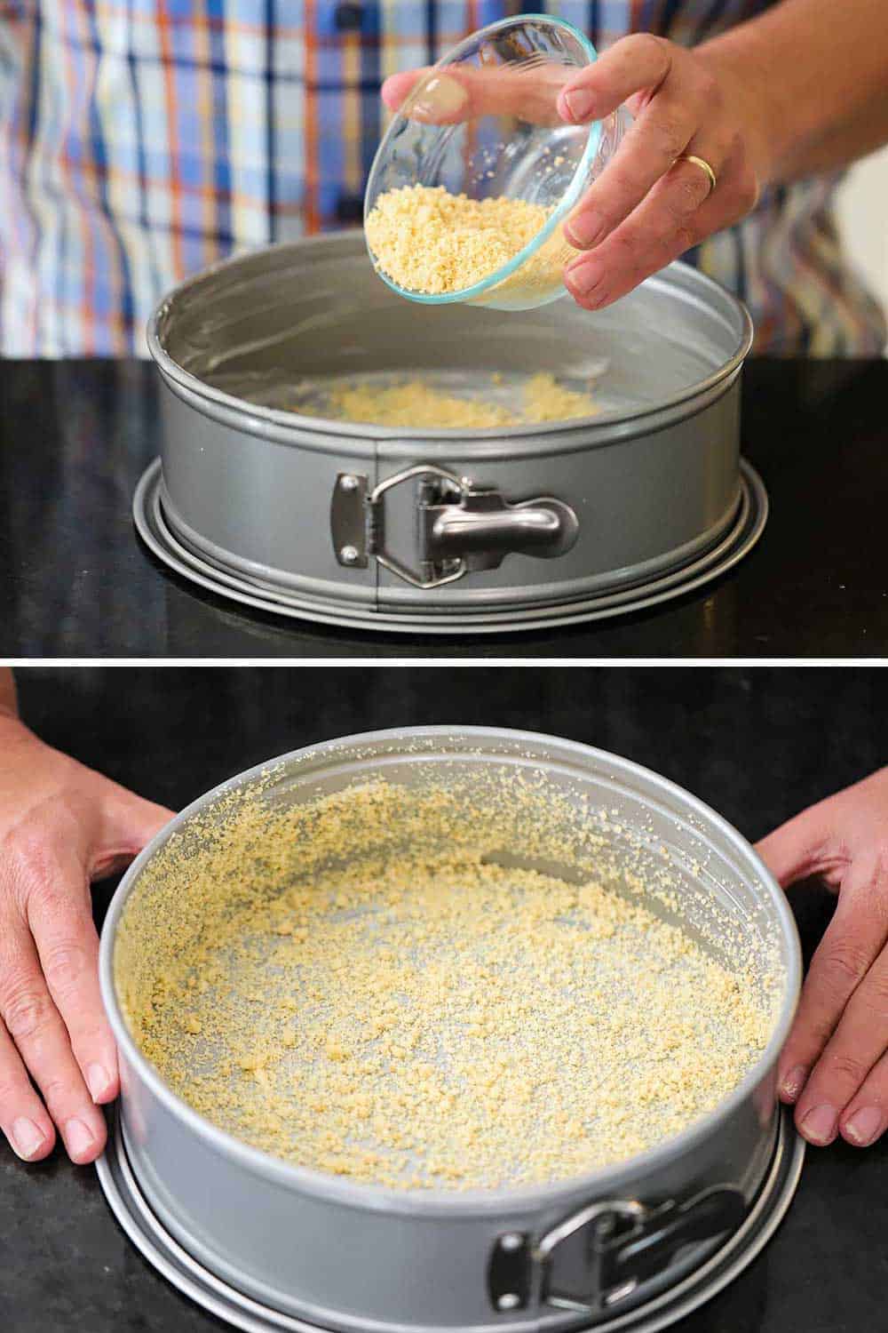 2 images, the first is a hand dropping cookie crumbs into a butter springform pan, and the next is the pan covered with the crumbs. 