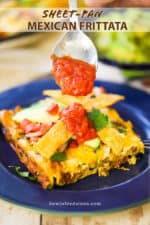 Fresh salsa being drizzled over a slice of Mexican frittata that is sitting on a blue plate.