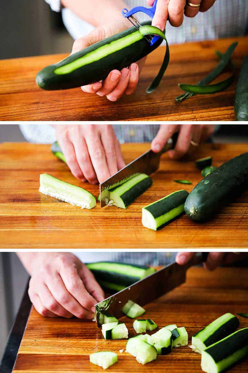 A person peeling a cucumber over a cutting board, and then quartering the cucumber, and then cutting it into bite-sized pieces. 