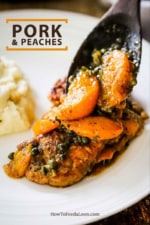 A wooden spoon transferring sautéd peaches and capers onto pan-fried pork cutlets on a white dinner plate.