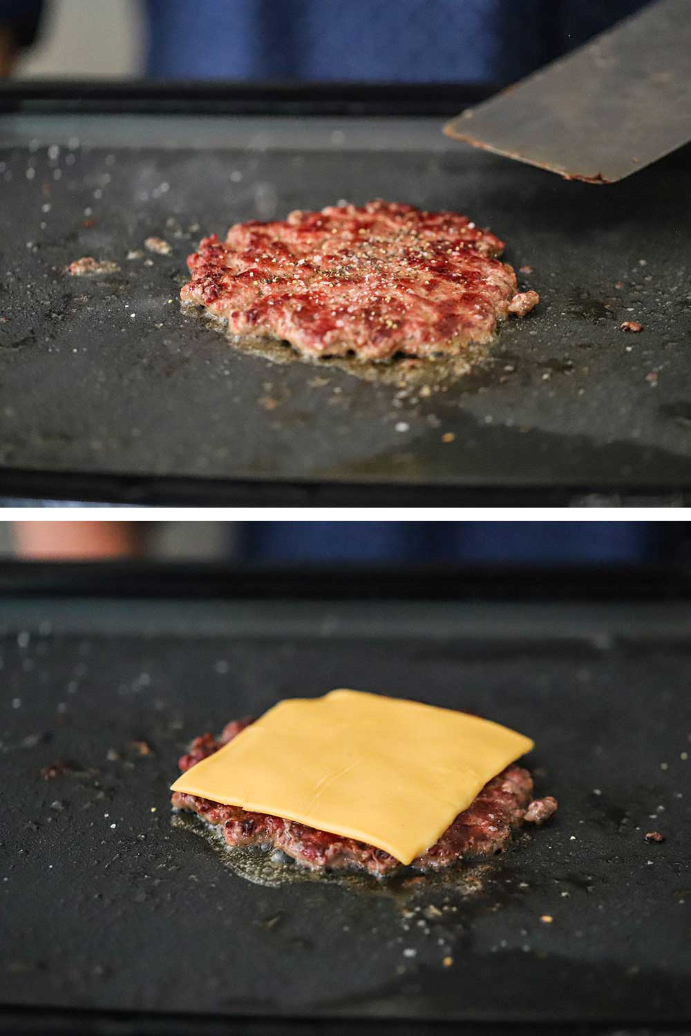 A smash burger that has been flipped on a sizzling griddle and then that same burger with a slice of American cheese placed on top of it.